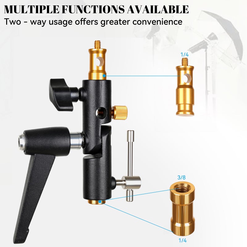 Konseen Camera Flash Shoe Bracket H Type Mounts with Multi Functional Umbrella Reflector Insert Hole Holder,180Â° Adjustable Light Stand Mount Adapter with 1/4" & 3/8" Female Screw for Photography Studio - Image 3